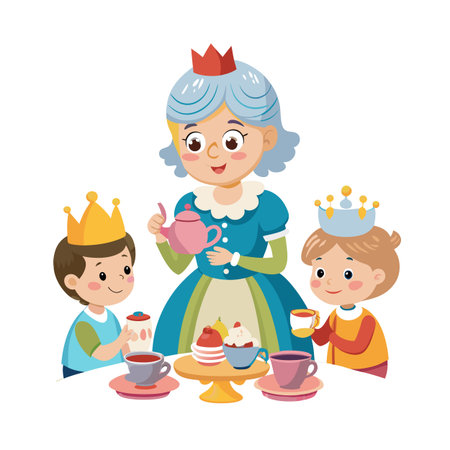 Queen Serving Tea to Two Young Princes at a Party: Stock Illustrationのイラスト素材