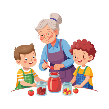 Grandmother and grandchildren making tomato jam at table, cartoon illustration, food preparation conceptのイラスト素材
