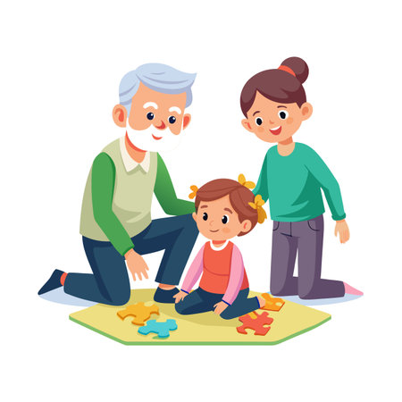 Grandfather, mother, and daughter solving a colorful puzzle on a yellow rug, family activityのイラスト素材