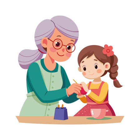 Grandmother and granddaughter painting Easter eggs together in a brightly colored, cartoon-style illustrationのイラスト素材