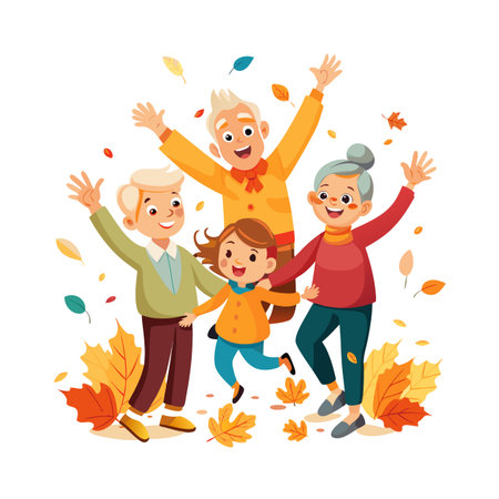 Generations embrace autumn joy together with a stylized flat vector illustration of family funのイラスト素材