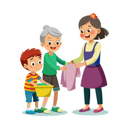 Family helping with laundry: Boy with basin, grandmother and mother folding clothes togetherのイラスト素材