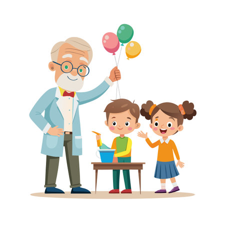 Cartoon science experiment with professor guiding students and balloons floating above their headsのイラスト素材
