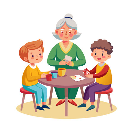 Grandmother playing card games with her grandchildren in a cozy interior settingのイラスト素材