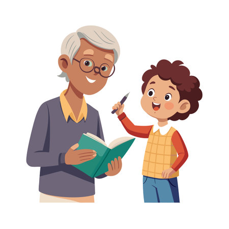 Grandparent teaching child with book and pen, showcasing intergenerational learning and support in educationのイラスト素材