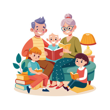 A multigenerational family sharing quality time reading together on a cozy couchのイラスト素材