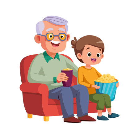 Grandfather and grandson happily watch a movie together while sharing popcorn on red sofaのイラスト素材