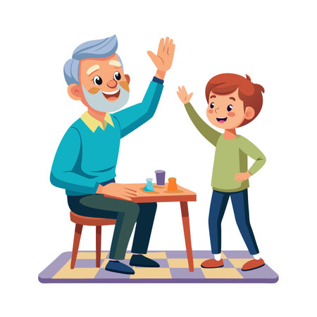 Grandfather and grandson enjoying a high five, playing games together in a cartoon styleのイラスト素材