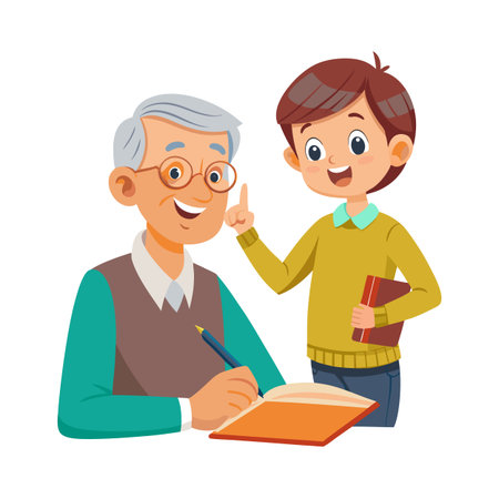 Grandfather and grandson studying and reading together, illustrating family support and education.のイラスト素材