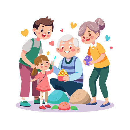 Grandparents and family painting Easter eggs together in a bright, cartoon-style illustrationのイラスト素材