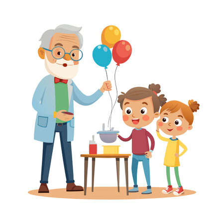An older scientist character hosts a slime making party for two cute girls illustrationのイラスト素材