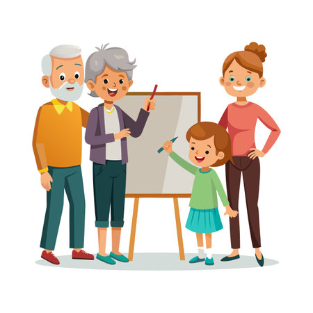Multi-generational family engaging with whiteboard during an educational activity, fostering learning and togethernessのイラスト素材