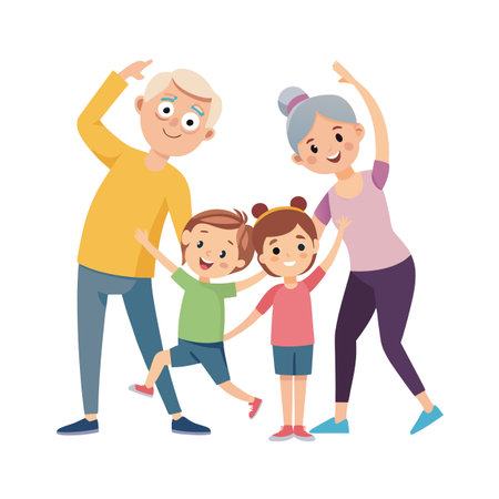 Happy multigenerational family doing exercise together including grandparents and grandchildren, isolated on a white backgroundのイラスト素材