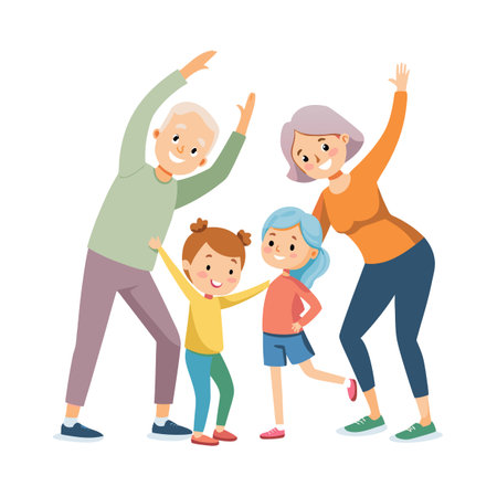 Grandparents and grandchildren doing stretching exercises in a colorful cartoon style on a white backgroundのイラスト素材