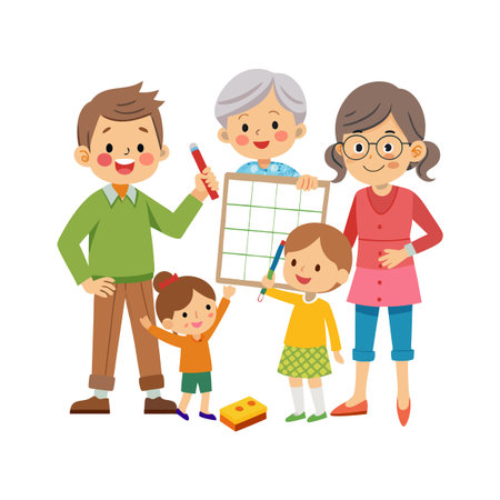 Happy multi-generational family presenting a chart or schedule, with cartoon style charactersのイラスト素材