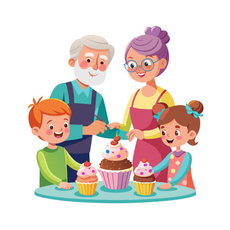Grandparents and grandchildren joyfully decorating cupcakes together in a cheerful flat illustrationのイラスト素材