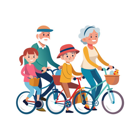 Happy family enjoying a bike ride together in colorful flat vector illustrationのイラスト素材