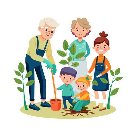 Grandparents and grandchildren planting a tree together in a garden setting with bright colorsのイラスト素材