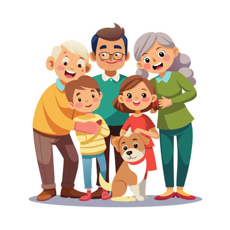 Multi-Generational Family Portrait with Pet Dog in Cartoon Style Standing Together Smiling Happilyのイラスト素材