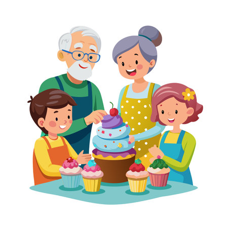 Grandparents and Grandchildren Bonding over Baking a Cupcake Tower in a Flat Cartoon Styleのイラスト素材