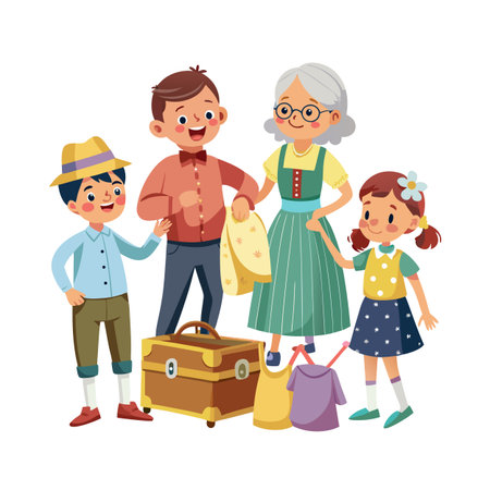 Cartoon family ready for a vacation, with suitcase and clothes, smiling and excited for the journeyのイラスト素材