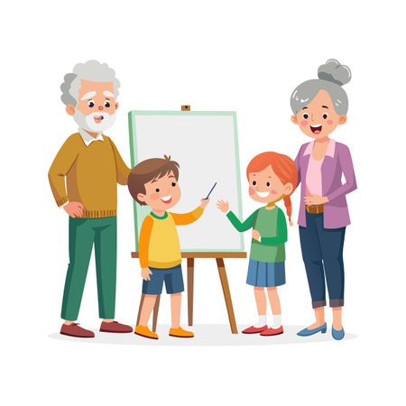 Family art session with children and grandparents creating artwork on an easel togetherのイラスト素材