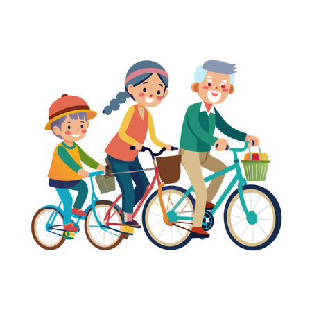 Three generations enjoying a bike ride together in flat vector illustration style with pastel color paletteのイラスト素材