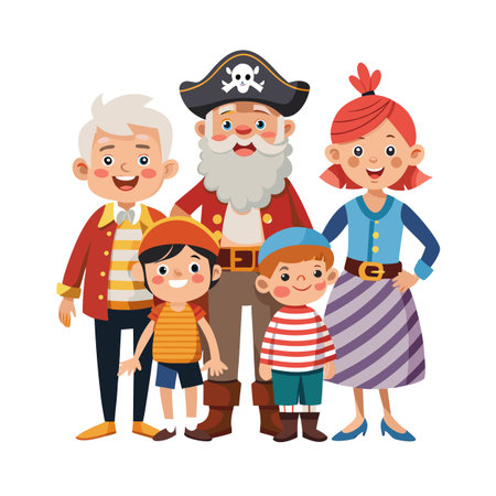 Cartoon family portrait with pirate, grandparents, and children standing together smiling and happyのイラスト素材