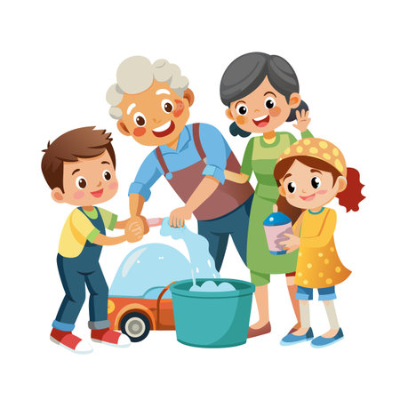 Happy Family Washing a Toy Car Together Grandmother Mother Grandson and Granddaughter in Cartoon Styleのイラスト素材