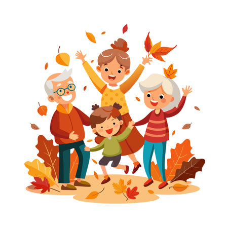 Cartoon family celebrating fall with falling leaves and warm autumn colors creating a joyous atmosphereのイラスト素材