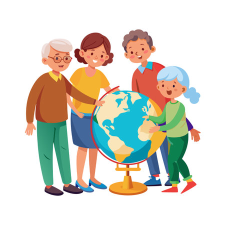 Multi-generational family engaging with a globe, symbolizing learning and global awareness in a cheerful illustrationのイラスト素材