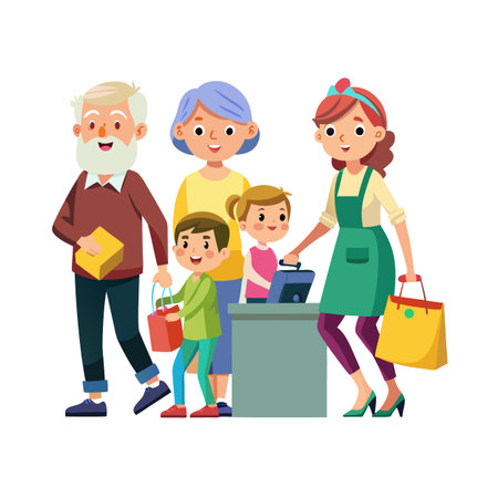 Happy family shopping: Grandparents, children and cashier interaction at checkout counter with bags and itemsのイラスト素材