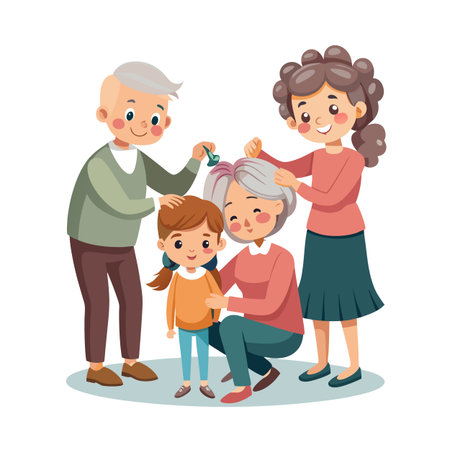 Generations bonding: A family portrait of grandparents assisting granddaughter with hair coloring in a cartoon styleのイラスト素材
