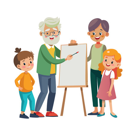 Cheerful teacher with students presenting on an easel during an interactive lessonのイラスト素材