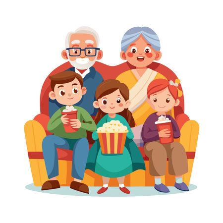 Cartoon family enjoys movie night together eating popcorn on sofa, colorful illustrationのイラスト素材