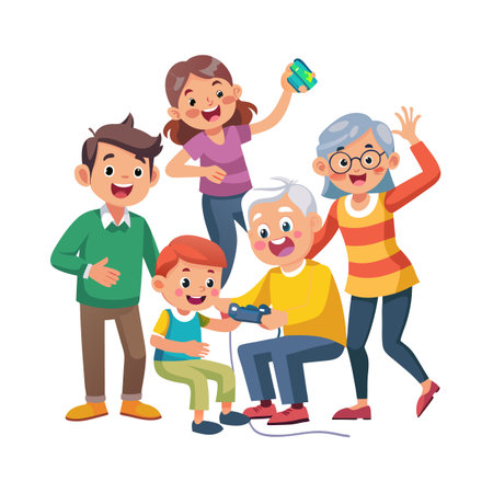 Happy family playing video games together vector illustration against a white backgroundのイラスト素材
