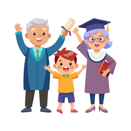 Generations celebrating graduation achievement with child in colorful flat vector illustration formatのイラスト素材