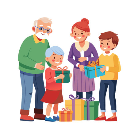 Happy family celebrating with gifts: grandfather, grandmother, mother, and child offering wrapped presentsのイラスト素材