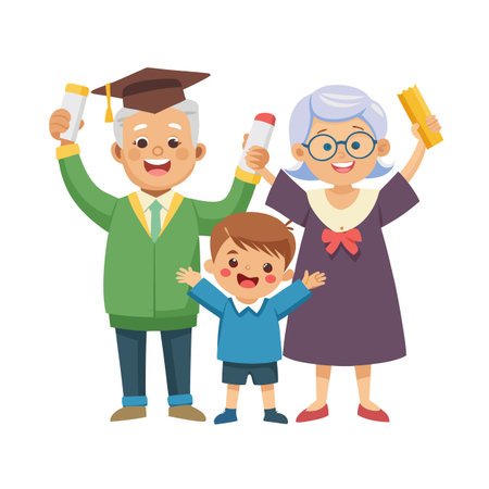 Generations celebrating achievement: Family joyfully commemorates graduation with diplomas and celebratory poses togetherのイラスト素材