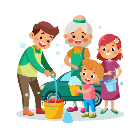 Cartoon family washing the car together with buckets and water on a sunny dayのイラスト素材