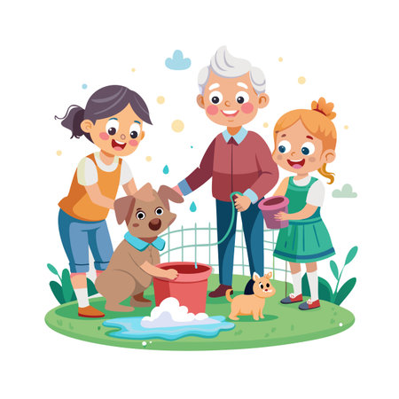 A happy family washing their dog with a bucket on a sunny day outdoorのイラスト素材