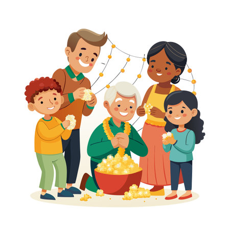 Cartoon family making flower garlands together for cultural or religious celebration in colorful settingのイラスト素材