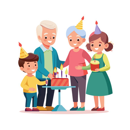 Grandparents and Children Celebrate Birthday with Cake in Cartoon Style Illustrationのイラスト素材