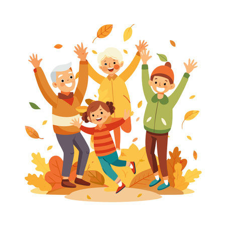 Joyful family playing in autumn leaves together, creating happy memories in a vibrant illustrationのイラスト素材