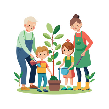Family planting a tree together in a pot, flat vector illustration on white backgroundのイラスト素材
