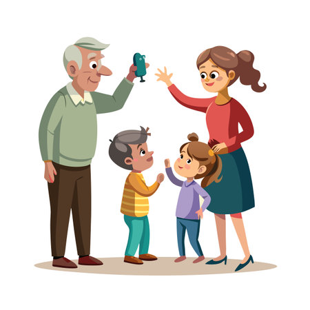 Family video call illustration featuring grandfather mother son and daughter on white backgroundのイラスト素材