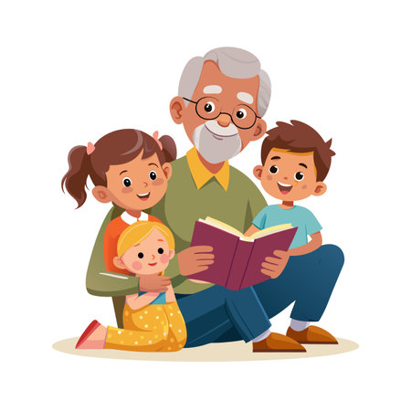 Grandfather reading book to grandchildren, a heartwarming intergenerational moment, fostering family bonds and knowledge transfer.のイラスト素材