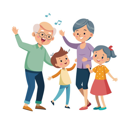 Cartoon Family Dancing and Having Fun Together: Grandparents, Son and Daughter, Cheerful Celebrationのイラスト素材