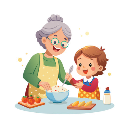 Grandmother and Grandchild Baking Together: A Heartwarming Moment of Family and Culinary Joyのイラスト素材