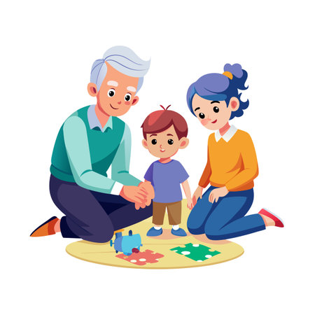 Illustration of a multigenerational family playing together on the floor with a toy and puzzlesのイラスト素材